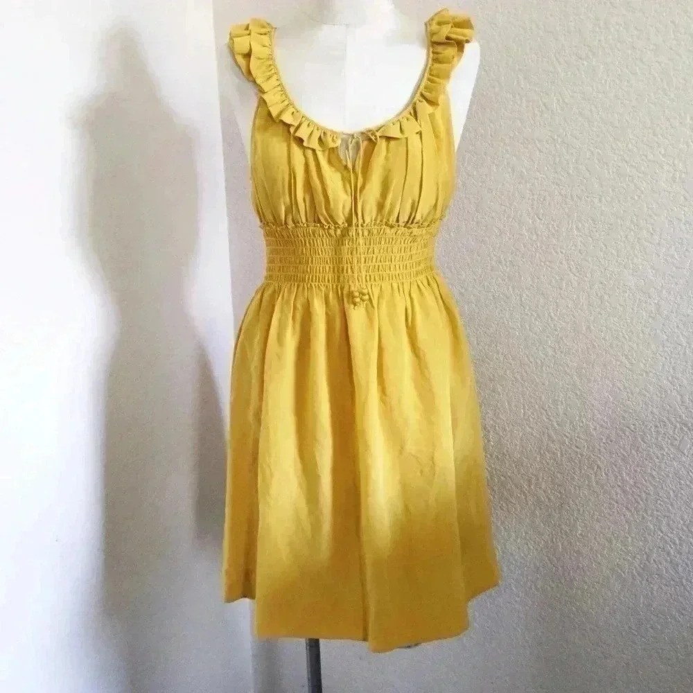 Anthropologie Floreat Mustard Yellow Silk Dress